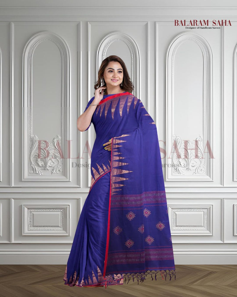 Navy-Blue & Red Handloom Premium Cotton Saree With Temple Border of Balaram Saha (handloom saree, cotton saree, handloom cotton saree, balaram saha online, handloom sarees, balaram saha handloom saree store photos, balaram saha handloom saree store, cotton handloom saree, bengal handloom sarees, pure cotton, cotton saree for women, cotton saree online)  https://medium.com/