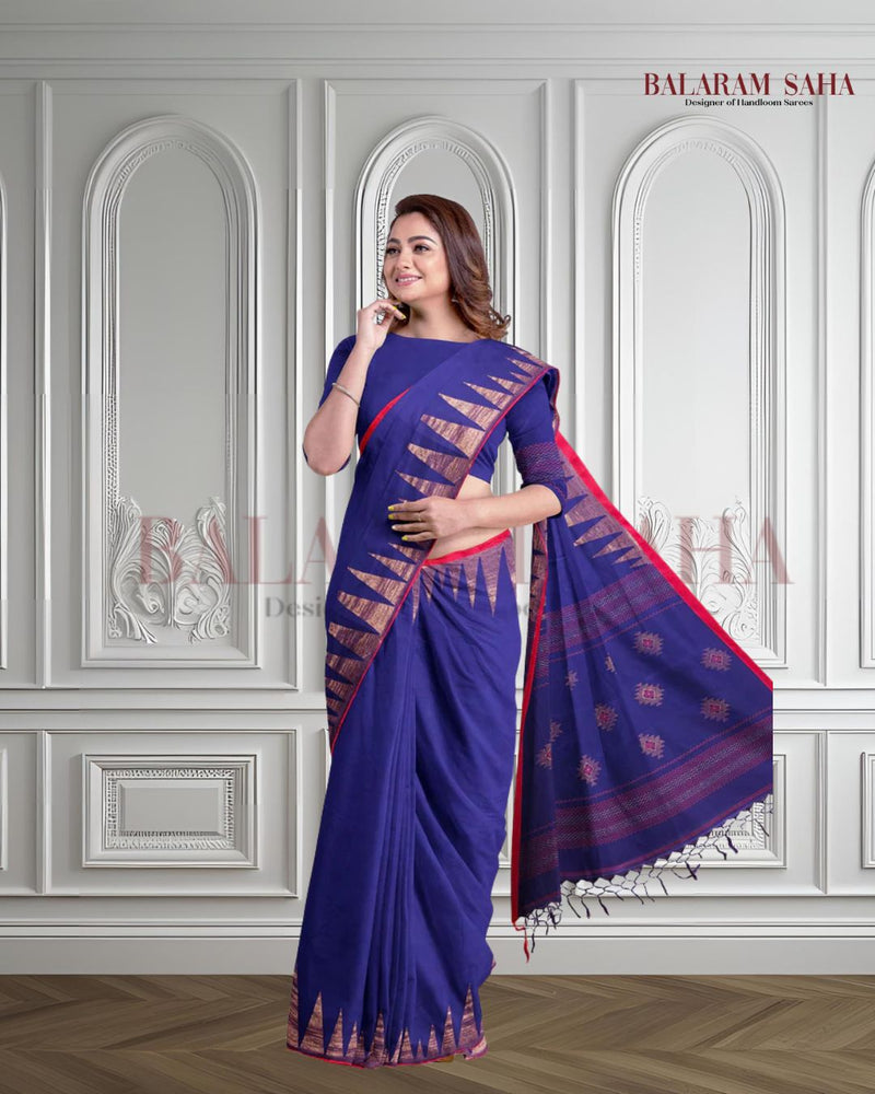 Navy-Blue & Red Handloom Premium Cotton Saree With Temple Border of Balaram Saha (handloom saree, cotton saree, handloom cotton saree, balaram saha online, handloom sarees, balaram saha handloom saree store photos, balaram saha handloom saree store, cotton handloom saree, bengal handloom sarees, pure cotton, cotton saree for women, cotton saree online)  https://vimeo.com/