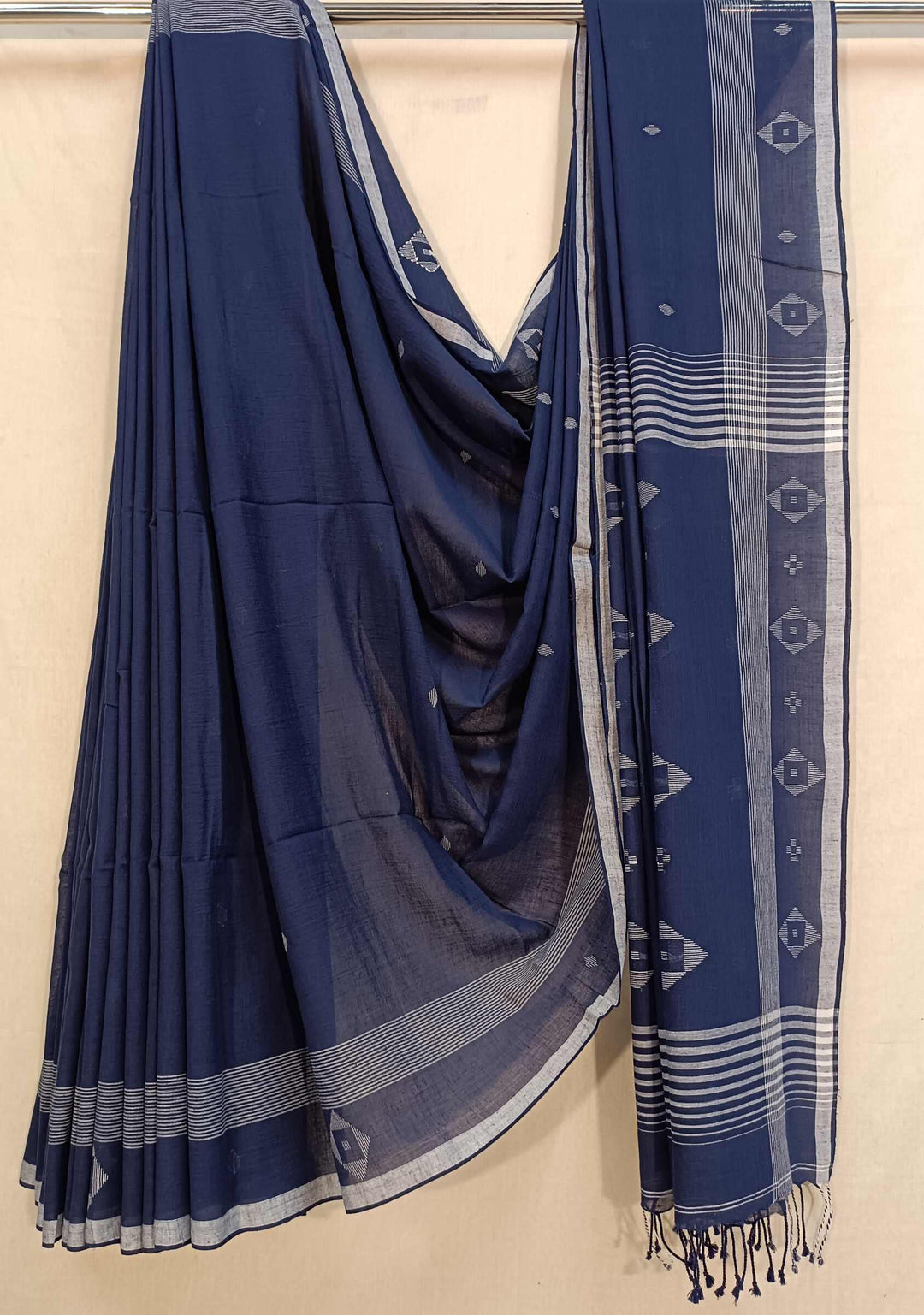 Navy Blue & White Handspun Handwoven Cotton Jamdani Saree Balaram Saha