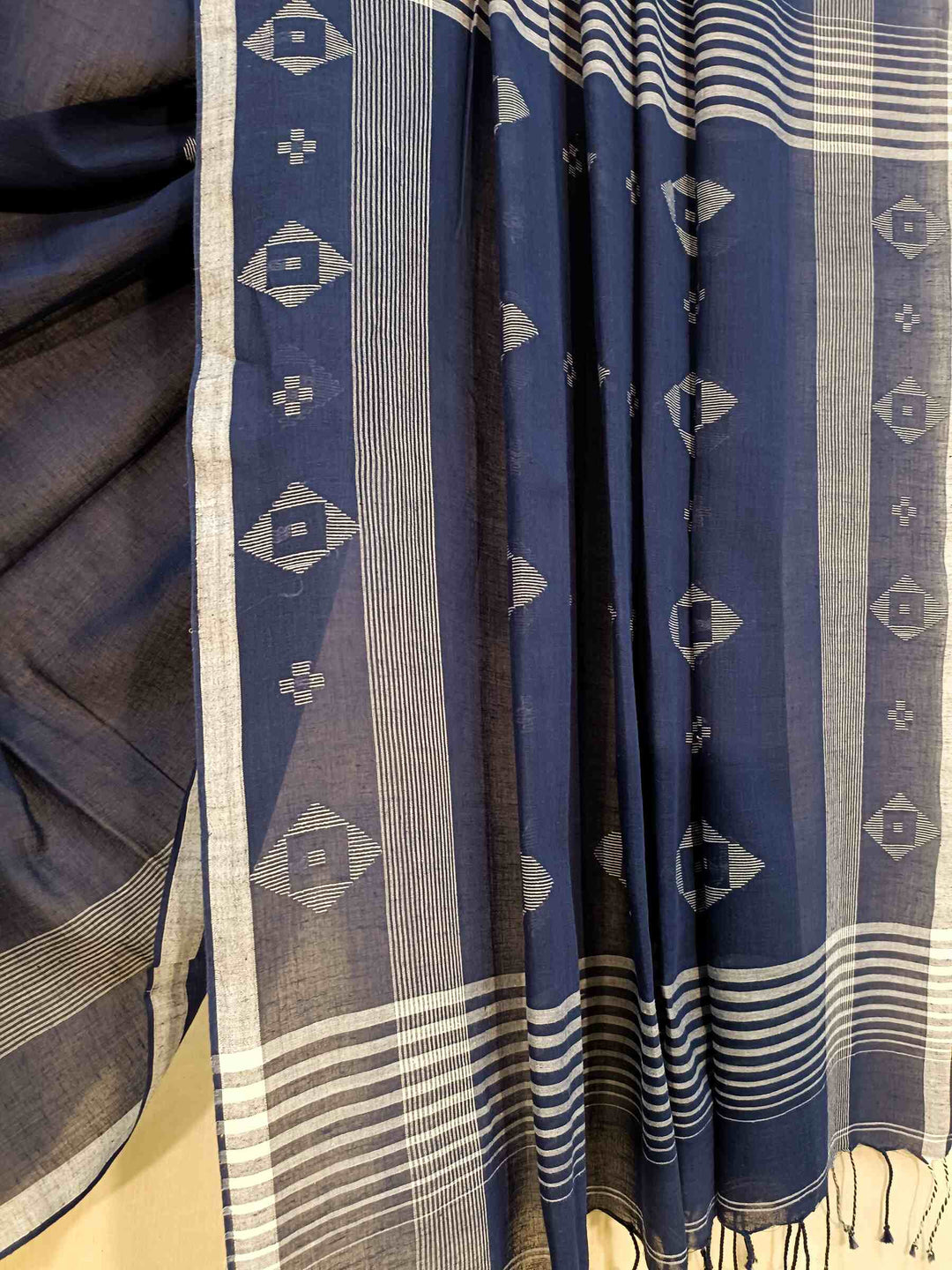 Navy Blue & White Handspun Handwoven Cotton Jamdani Saree Balaram Saha