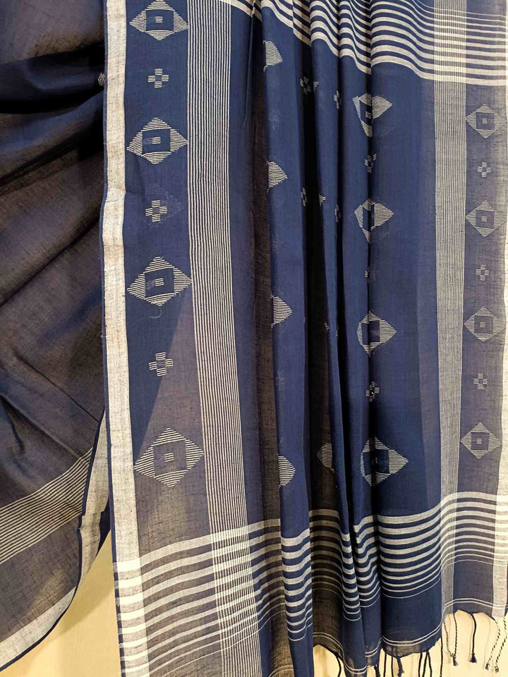 Navy Blue & White Handspun Handwoven Cotton Jamdani Saree Balaram Saha