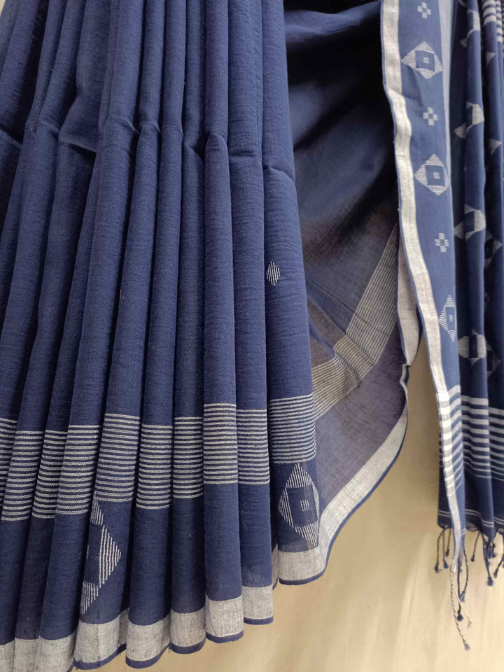 Navy Blue & White Handspun Handwoven Cotton Jamdani Saree Balaram Saha