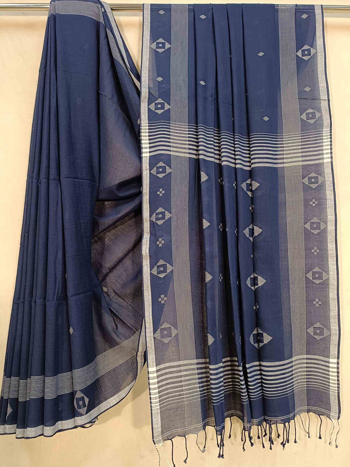 Navy Blue & White Handspun Handwoven Cotton Jamdani Saree Balaram Saha