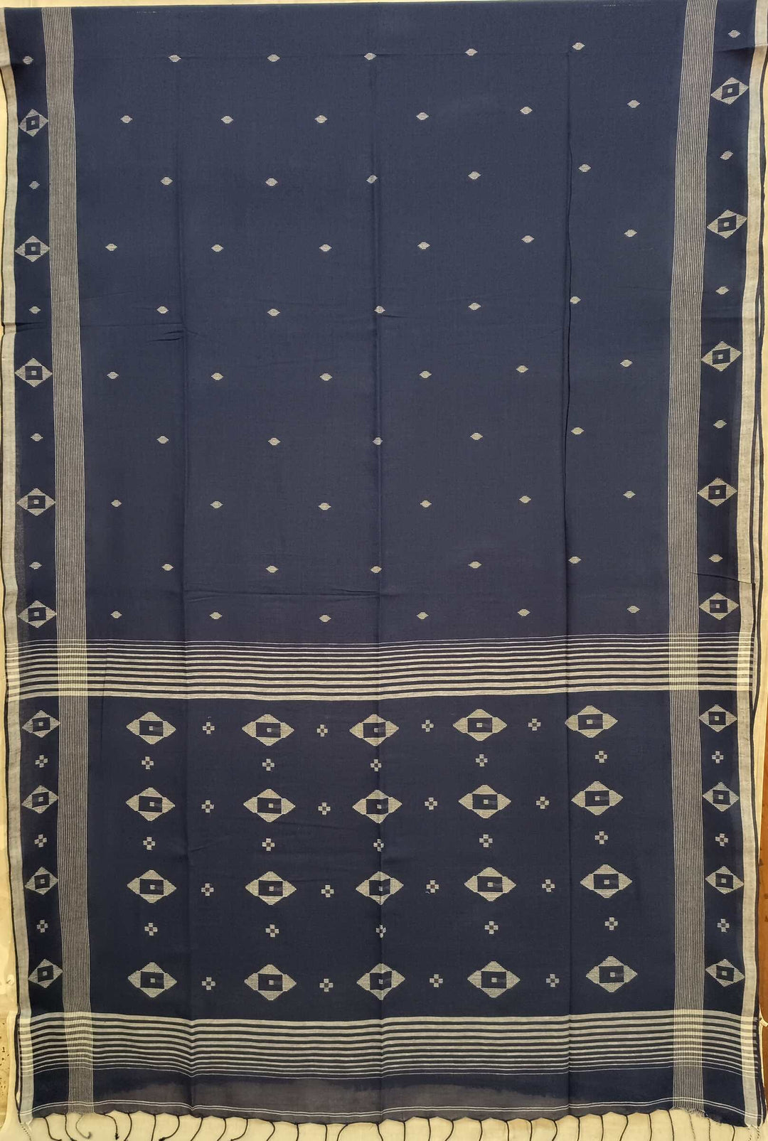 Navy Blue & White Handspun Handwoven Cotton Jamdani Saree Balaram Saha
