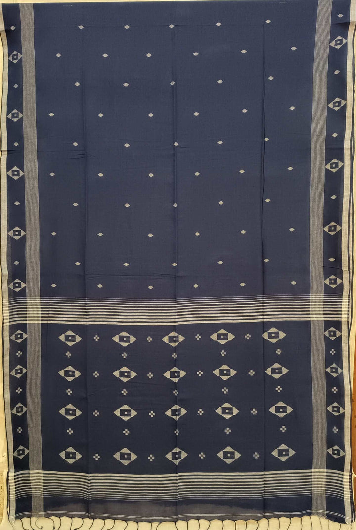 Navy Blue & White Handspun Handwoven Cotton Jamdani Saree Balaram Saha