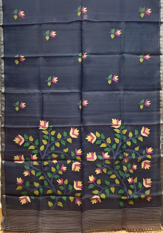 Navy Blue Handloom Handwoven Muslin Silk Jamdani Saree - Balaram Saha  - (jamdani saree, jamdani sarees, silk saree, handloom silk saree, balaram saha online, silk sarees, silk handloom saree, bengal handloom sarees, pure silk, silk saree online, bengali silk saree, muslin silk)  https://www.imdb.com/