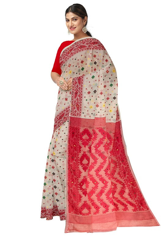 Off-White & Red Soft Handloom Jacquard Jamdani saree, Balaram Saha