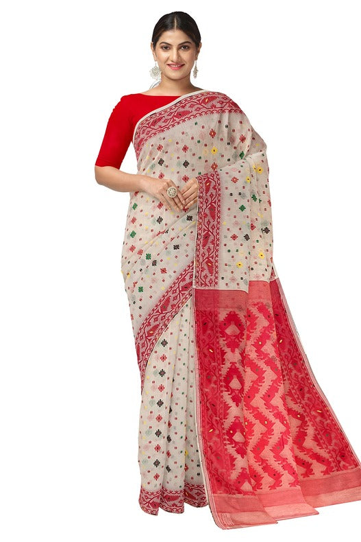 Off-White & Red Soft Handloom Jacquard Jamdani saree, Balaram Saha