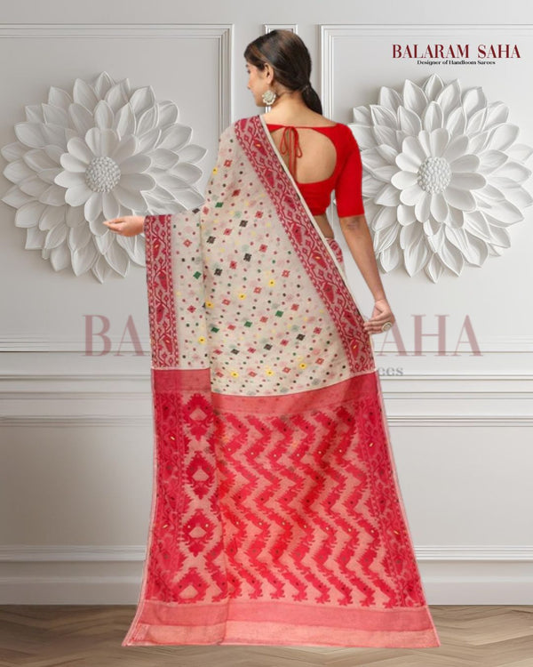 Off-White & Red Soft Handloom Jacquard Jamdani saree, Balaram Saha
