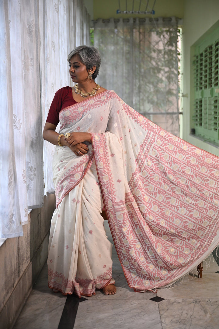 Off-White Handspun Pure Cotton Jamdani Saree with Crimson & Gold Floret Butis Balaram Saha