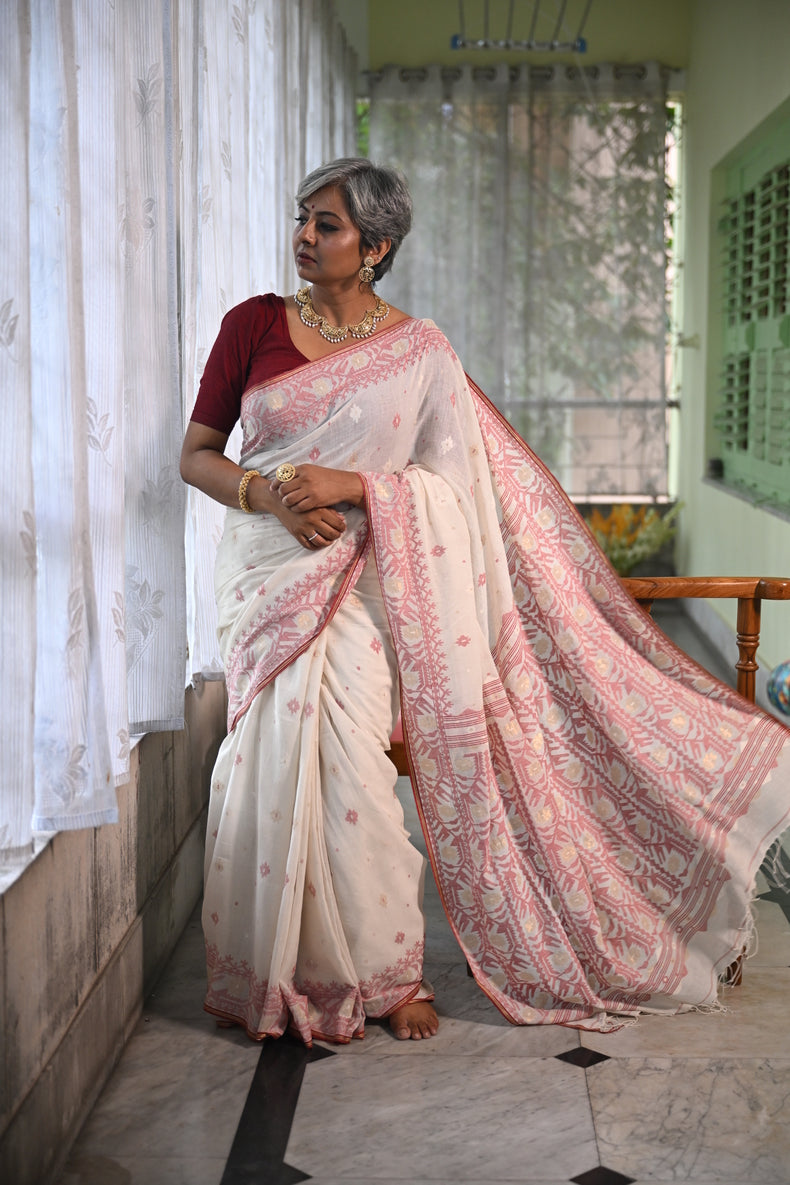 Off-White Handspun Pure Cotton Jamdani Saree with Crimson & Gold Floret Butis Balaram Saha