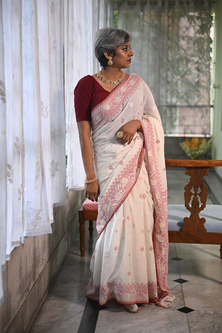 Off-White Handspun Pure Cotton Jamdani Saree with Crimson & Gold Floret Butis Balaram Saha