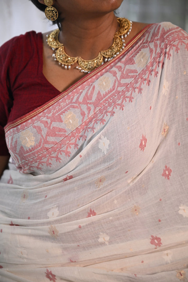 Off-White Handspun Pure Cotton Jamdani Saree with Crimson & Gold Floret Butis Balaram Saha
