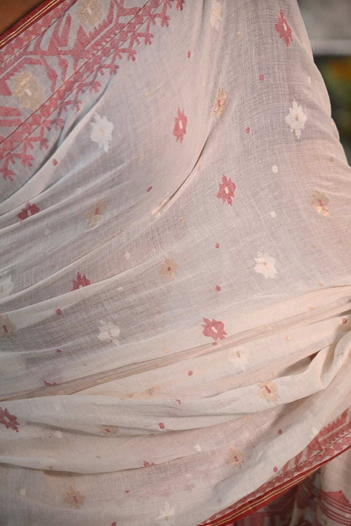 Off-White Handspun Pure Cotton Jamdani Saree with Crimson & Gold Floret Butis Balaram Saha