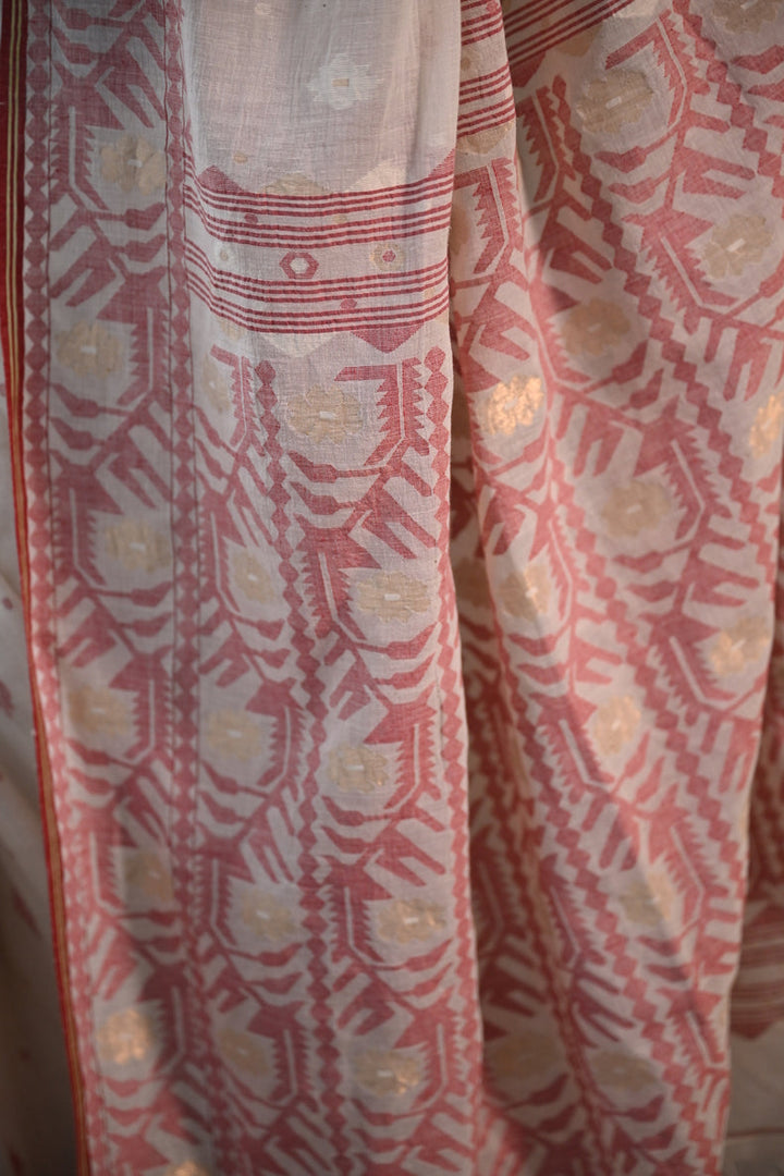 Off-White Handspun Pure Cotton Jamdani Saree with Crimson & Gold Floret Butis Balaram Saha