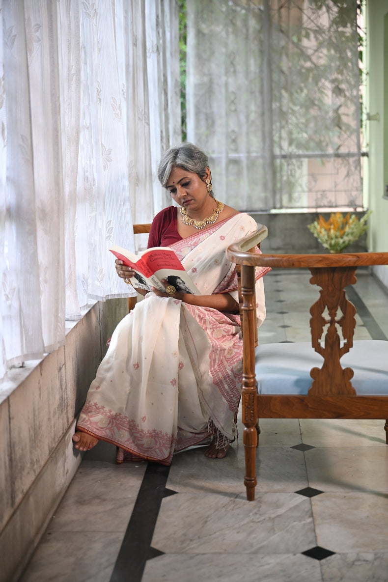 Off-White Handspun Pure Cotton Jamdani Saree with Crimson & Gold Floret Butis Balaram Saha