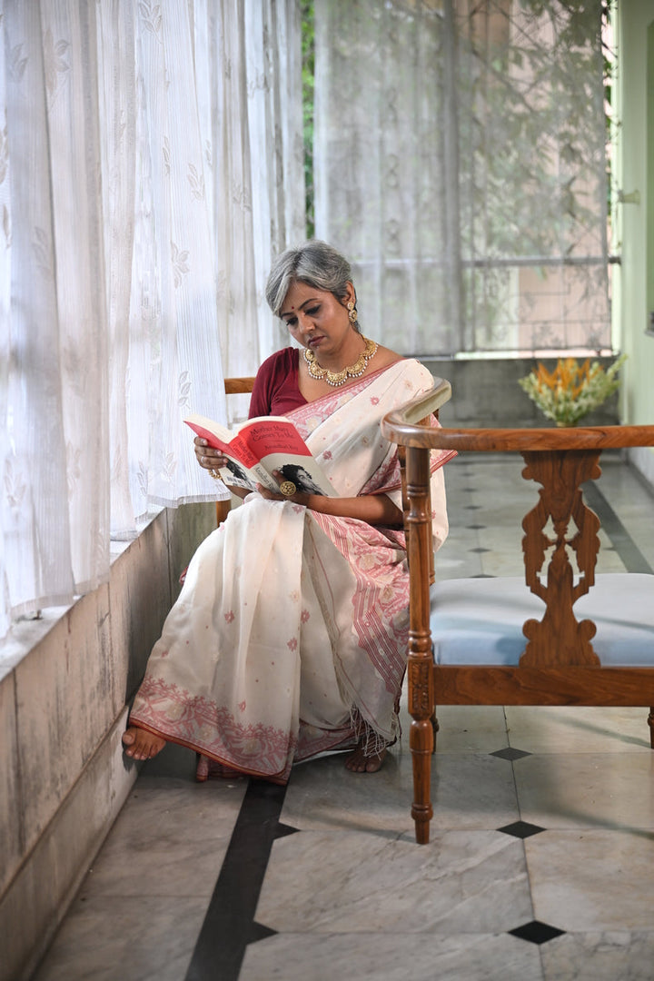Off-White Handspun Pure Cotton Jamdani Saree with Crimson & Gold Floret Butis Balaram Saha