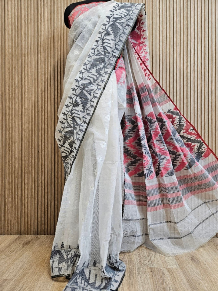 Off-White Handwoven Bangladeshi Cotton Jamdani Saree with Red & Black Ganga-Jamuna Woven Border Balaram Saha