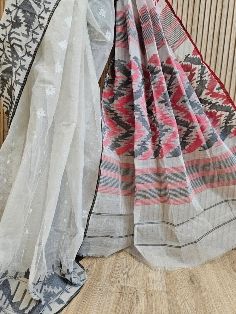 Off-White Handwoven Bangladeshi Cotton Jamdani Saree with Red & Black Ganga-Jamuna Woven Border Balaram Saha