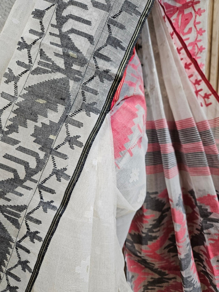 Off-White Handwoven Bangladeshi Cotton Jamdani Saree with Red & Black Ganga-Jamuna Woven Border Balaram Saha