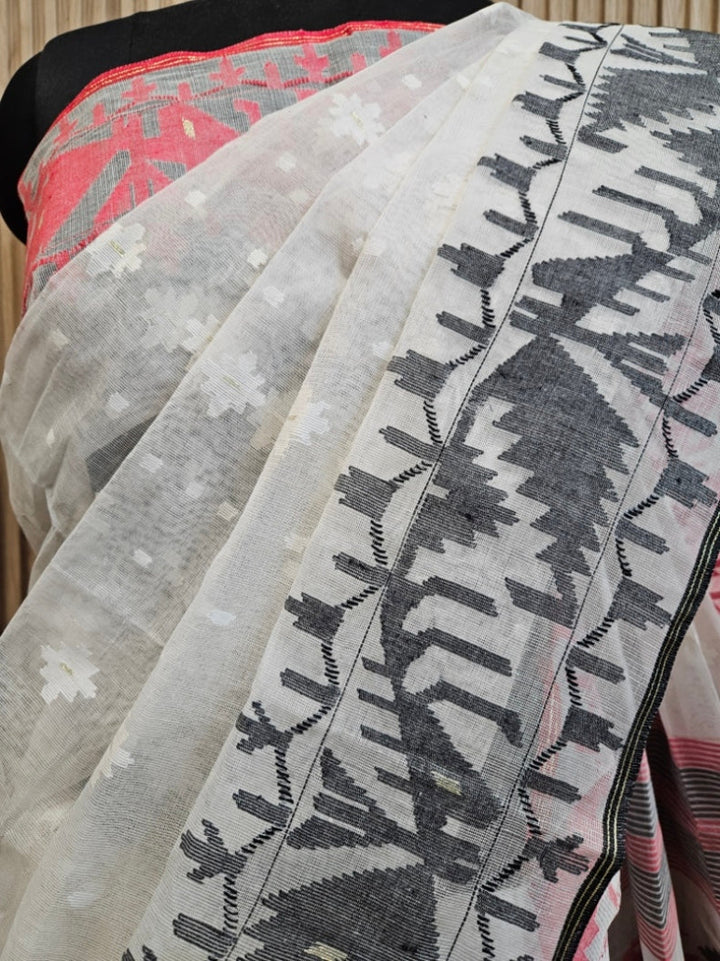 Off-White Handwoven Bangladeshi Cotton Jamdani Saree with Red & Black Ganga-Jamuna Woven Border Balaram Saha