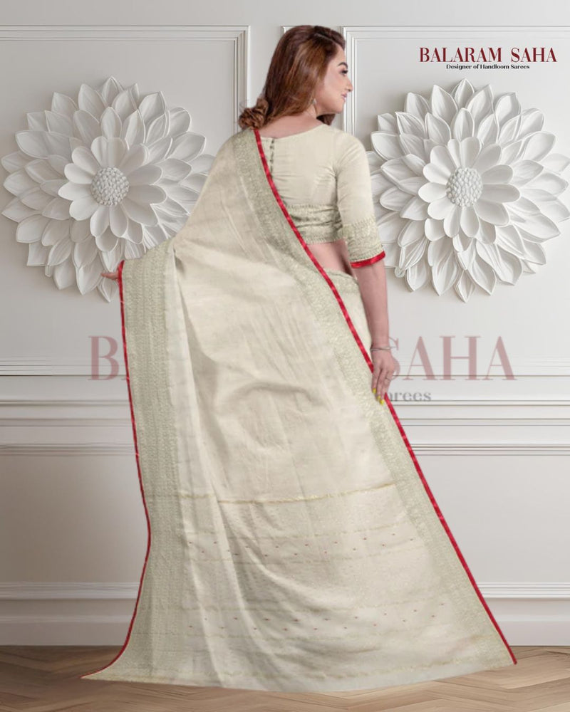 Off-White Soft Handloom Saree With Gold Zari Border Balaram Saha