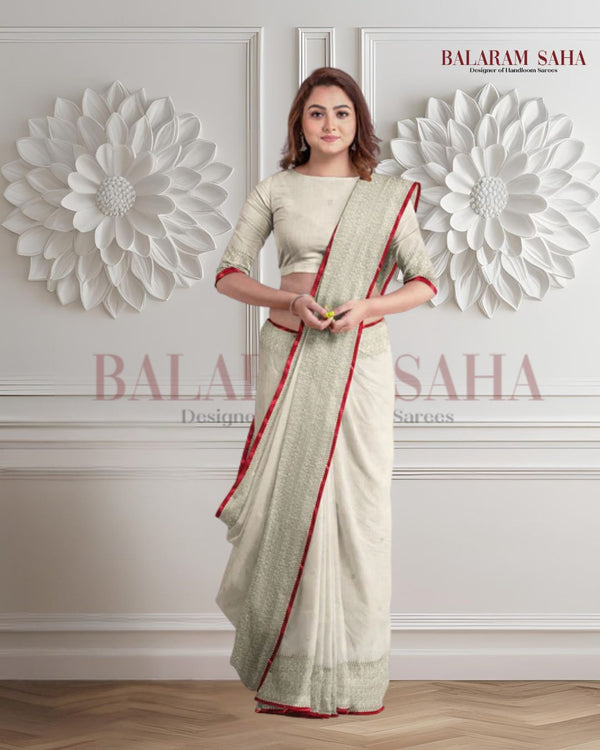 Off-White Soft Handloom Saree With Gold Zari Border Balaram Saha
