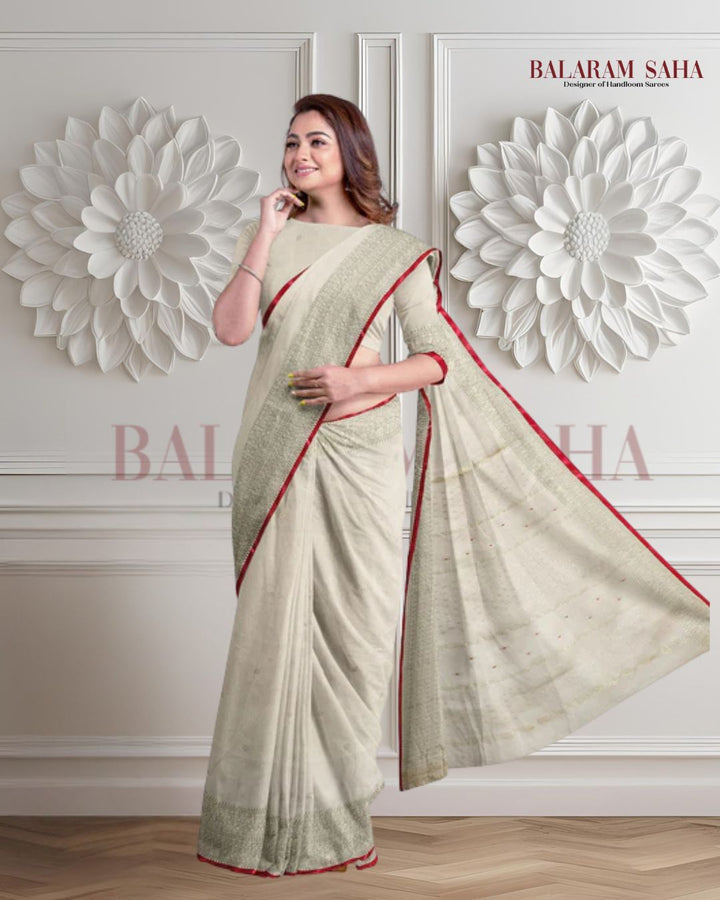 Off-White Soft Handloom Saree With Gold Zari Border Balaram Saha