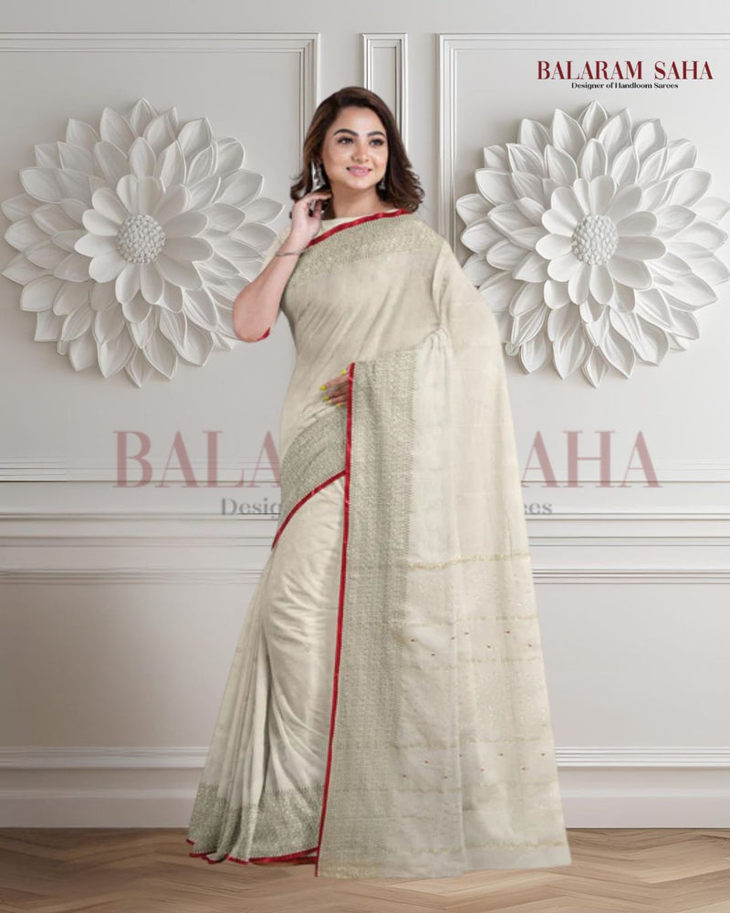 Off-White Soft Handloom Saree With Gold Zari Border Balaram Saha