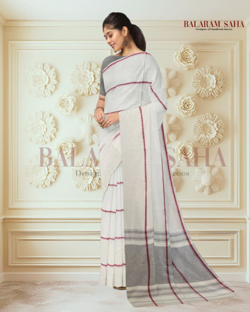 Balaram Saha's Exquisite Off-White Soft Handloom Dhonekali Traditional Cotton Saree (handloom saree, cotton saree, handloom cotton saree, balaram saha online, handloom sarees, balaram saha handloom saree store photos, balaram saha handloom saree store, cotton handloom saree, bengal handloom sarees, pure cotton, cotton saree for women, cotton saree online)  https://theconversation.com/global