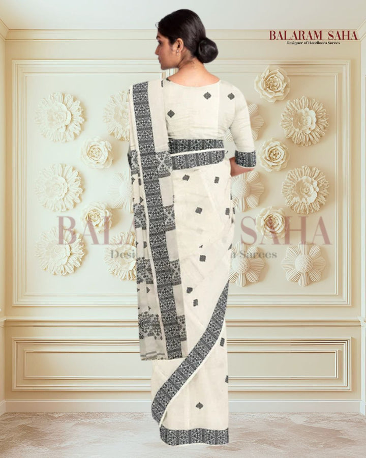 Off-White Soft Handloom Cotton Saree With Black Border Balaram Saha