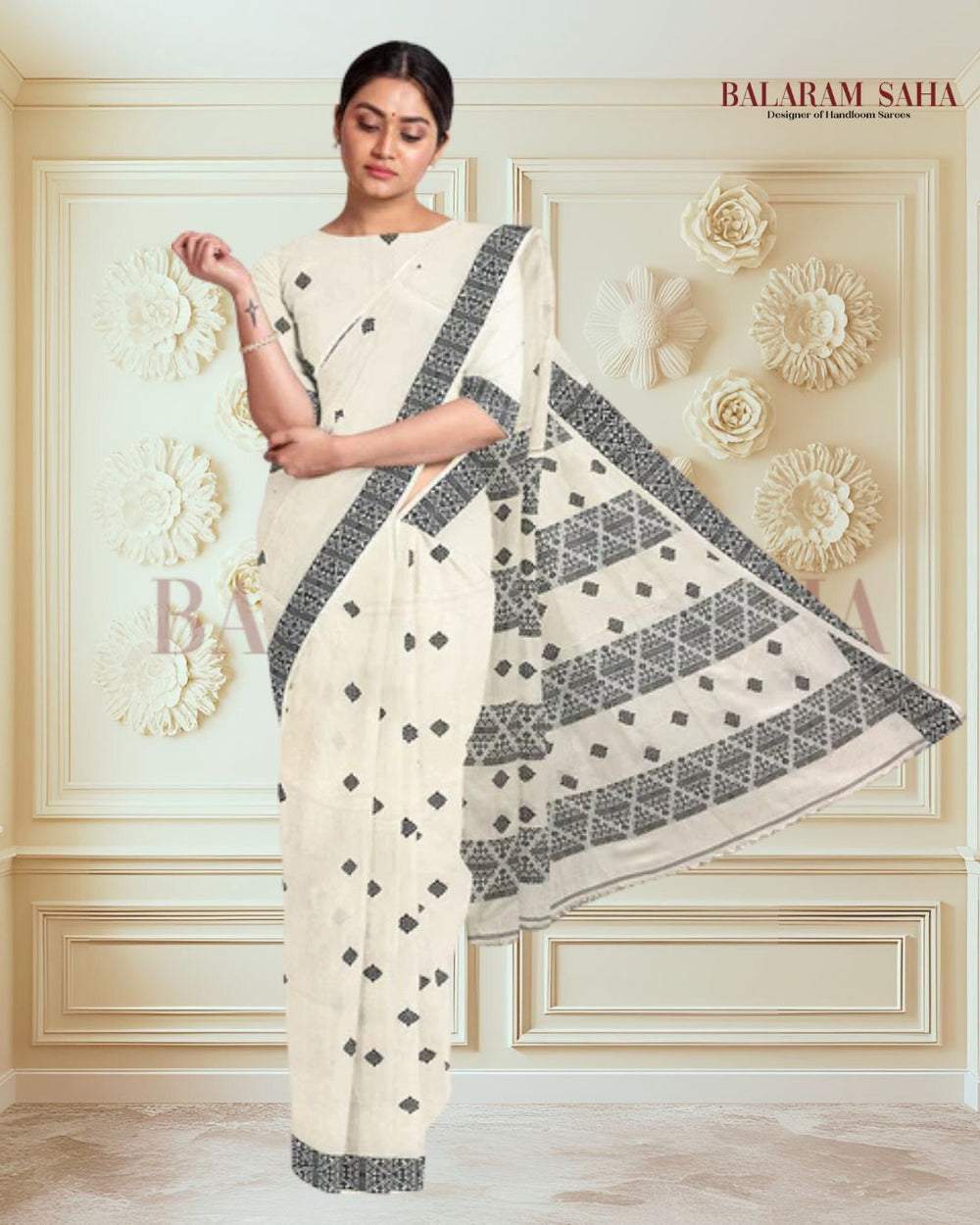 Off-White Soft Handloom Cotton Saree With Black Border Balaram Saha