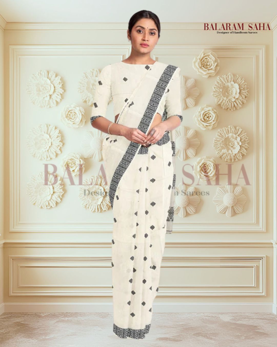 Off-White Soft Handloom Cotton Saree With Black Border Balaram Saha