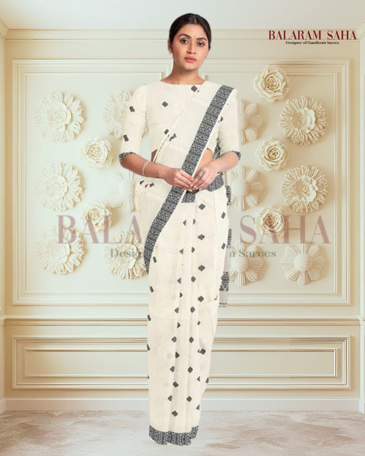 Off-White Soft Handloom Cotton Saree With Black Border Balaram Saha