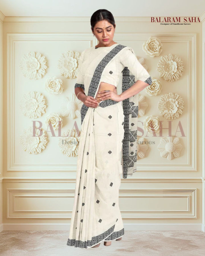 Off-White Soft Handloom Cotton Saree With Black Border Balaram Saha
