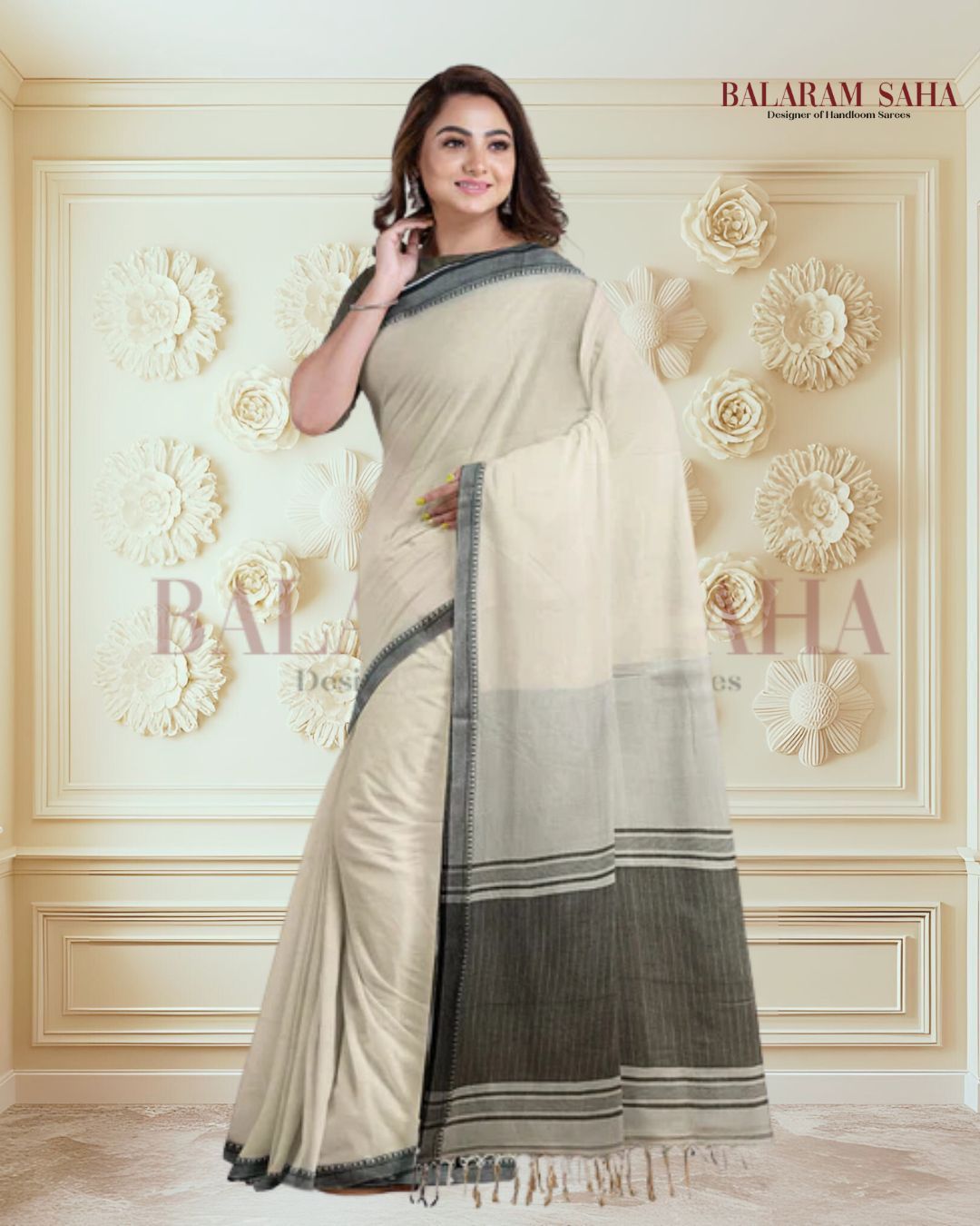 Off-White & Black Handloom Fine Cotton Saree With Black Border Of Balaram Saha (handloom saree, cotton saree, handloom cotton saree, balaram saha online, handloom sarees, balaram saha handloom saree store photos, balaram saha handloom saree store, cotton handloom saree, bengal handloom sarees, pure cotton, cotton saree for women, cotton saree online)  https://www.pearltrees.com/