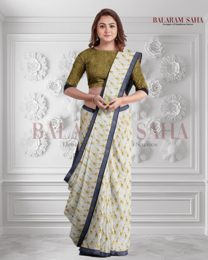 Off-White Black Premium Handloom Cotton From Balaram Saha - (handloom saree, cotton saree, handloom cotton saree, balaram saha online, handloom sarees, cotton handloom saree, bengal handloom sarees, pure cotton, cotton saree for women, cotton saree online)
