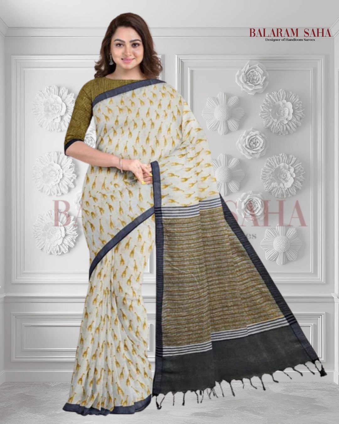 Off-White Black Premium Handloom Cotton Saree (Zebra Print) - A Balaram Saha Masterpiece Balaram Saha