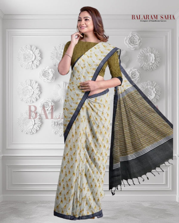 Off-White Black Premium Handloom Cotton From Balaram Saha - (handloom saree, cotton saree, handloom cotton saree, balaram saha online, handloom sarees, cotton handloom saree, bengal handloom sarees, pure cotton, cotton saree for women, cotton saree online)
