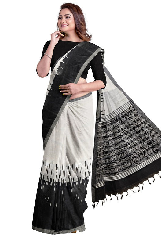 Off-White Black Premium Handloom Soft Printed Cotton Saree Balaram Saha   https://www.wsj.com/