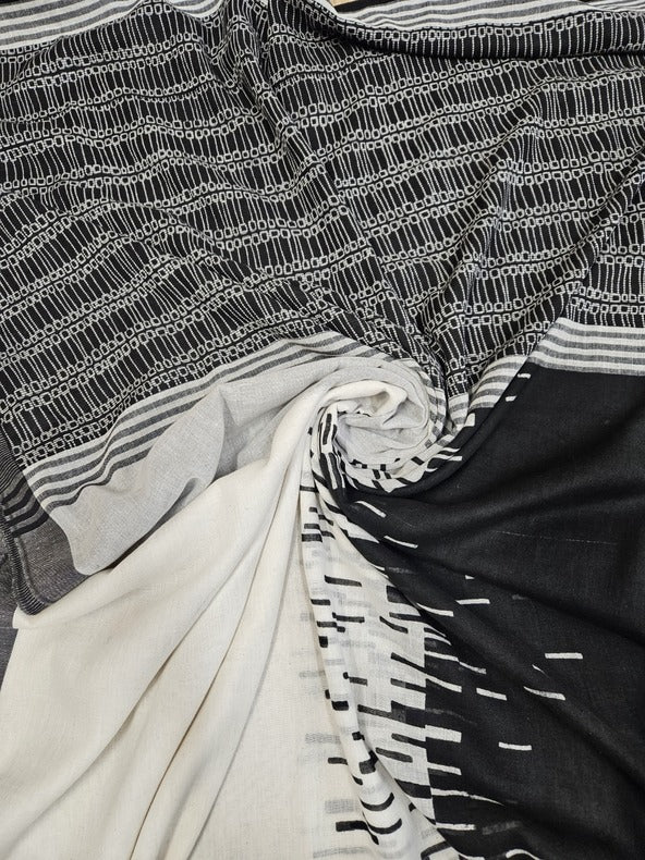 Off-White Black Premium Handloom Soft Printed Cotton Saree Balaram Saha