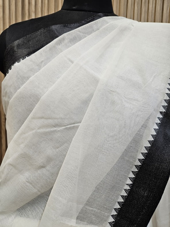 Off-White & Black Tangail Cotton Saree by Balaram Saha - (handloom saree, cotton saree, handloom cotton saree, balaram saha online, handloom sarees, balaram saha handloom saree store photos, balaram saha handloom saree store, cotton handloom saree, bengal handloom sarees, pure cotton, Zari border, handloom cotton saree with zari border, soft cotton saree with zari border, cotton saree for women, cotton saree online balaram saha, balaram saha handloom saree store, balaram saha saree, balaram saha online)