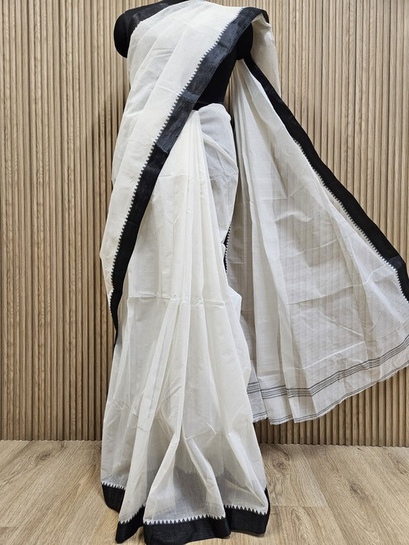 Off-White & Black Tangail Cotton Saree by Balaram Saha - (handloom saree, cotton saree, handloom cotton saree, balaram saha online, handloom sarees, balaram saha handloom saree store photos, balaram saha handloom saree store, cotton handloom saree, bengal handloom sarees, pure cotton, Zari border, handloom cotton saree with zari border, soft cotton saree with zari border, cotton saree for women, cotton saree online balaram saha, balaram saha handloom saree store, balaram saha saree, balaram saha online)