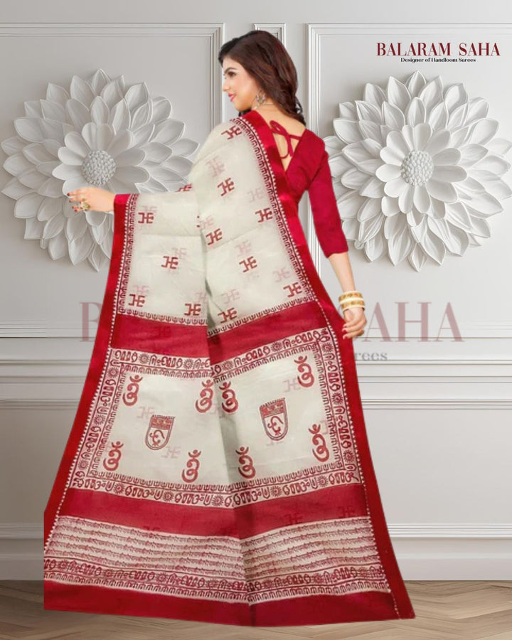 Off-White Handloom Traditional Dhonekali Cotton Handblock Saree Balaram Saha