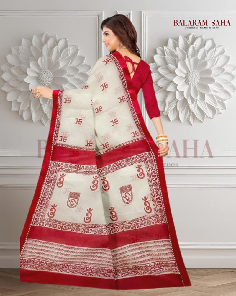 Off-White Handloom Traditional Dhonekali Cotton Handblock Saree Balaram Saha