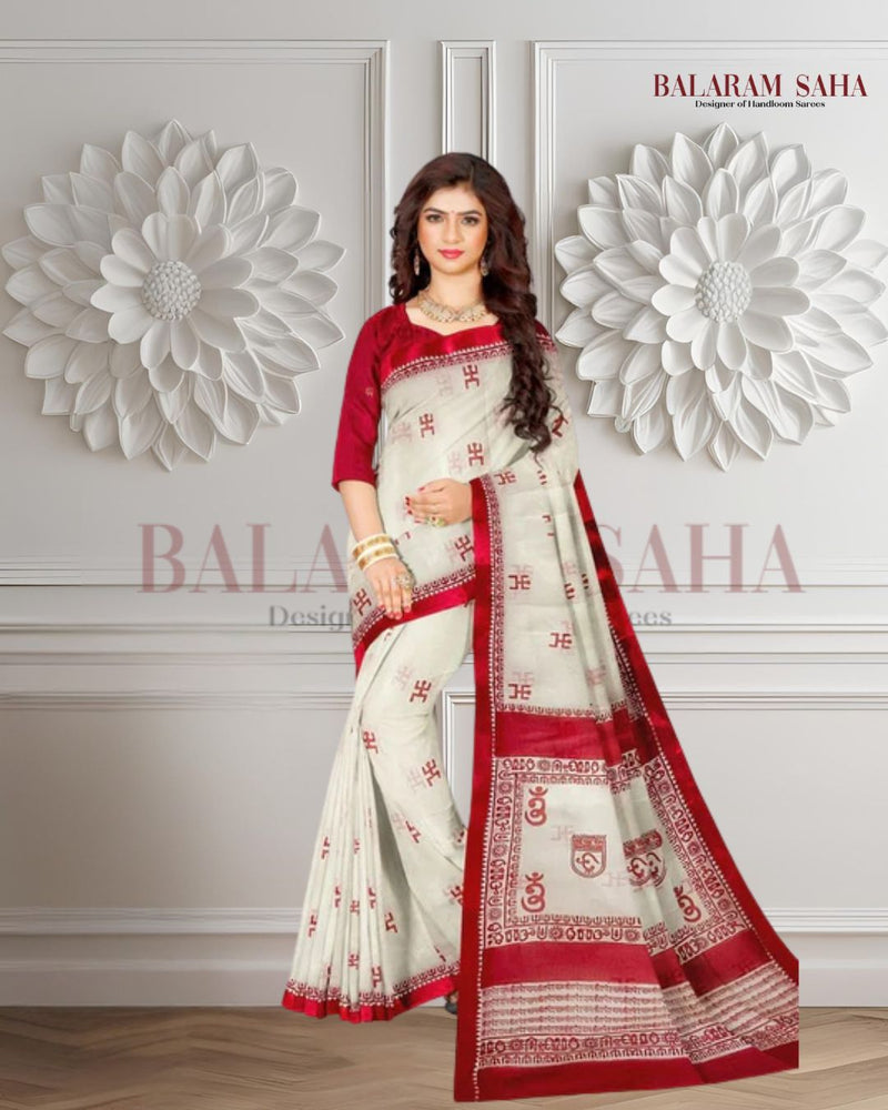 Off-White Handloom Traditional Dhonekali Cotton Handblock Saree Balaram Saha