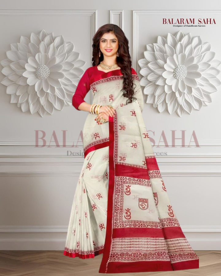 Off-White Handloom Traditional Dhonekali Cotton Handblock Saree Balaram Saha
