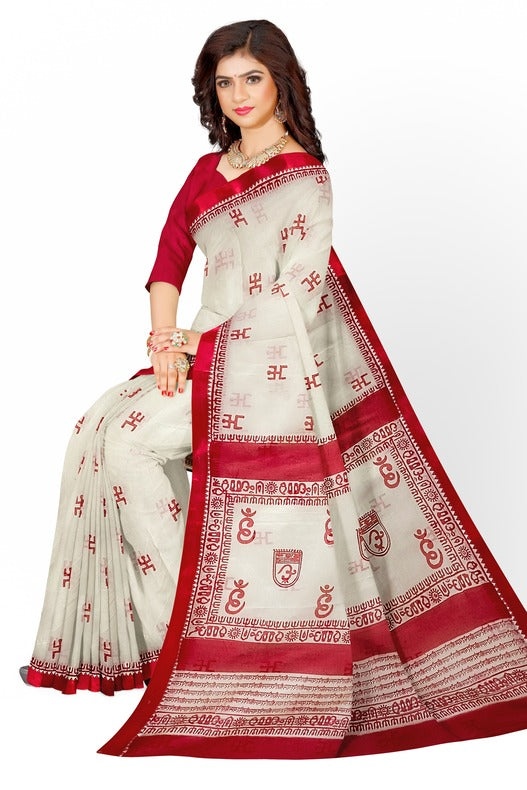 Off-White Handloom Traditional Dhonekali Cotton Handblock Saree Balaram Saha