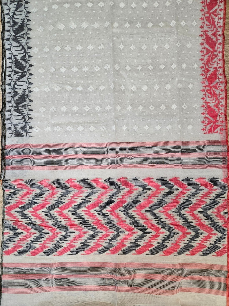 Off-White Handwoven Bangladeshi Cotton Jamdani Saree with Red & Black Ganga-Jamuna Woven Border Balaram Saha