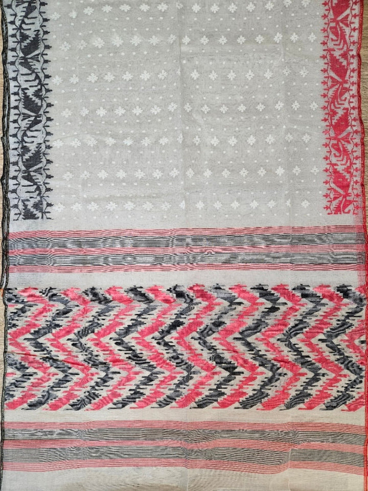 Off-White Handwoven Bangladeshi Cotton Jamdani Saree with Red & Black Ganga-Jamuna Woven Border Balaram Saha